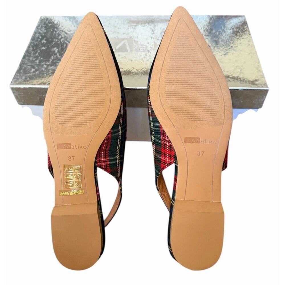 Matiko Lori Green Tartan Plaid Slingback Pointed Toe Flats Women’s Size 37 NIB - Picture 9 of 15